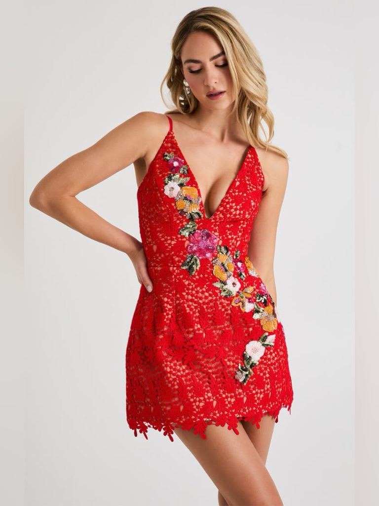Helsi Chloe Sequin Lace Sleeveless Minidress In Red Floral Lace Size Xs Nwt